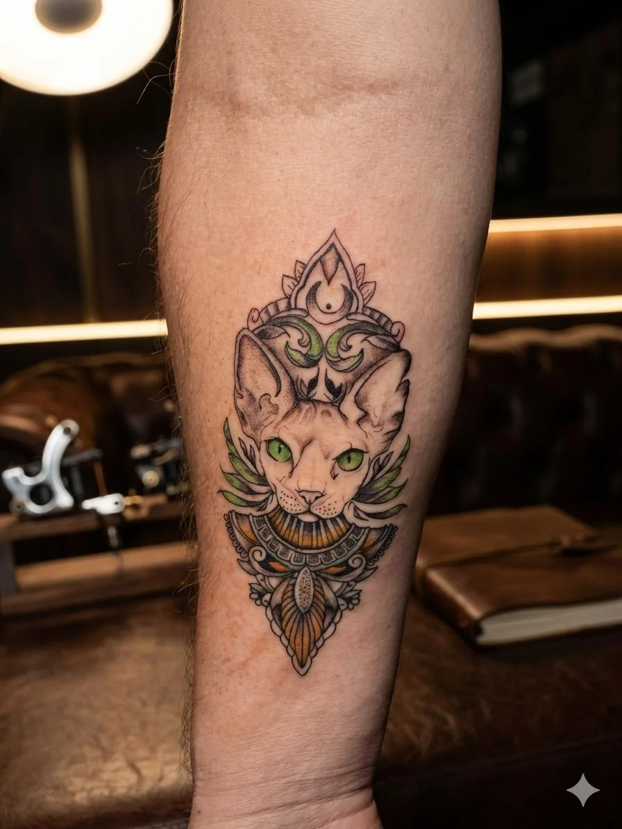 Katzen-Tattoo mit Ornamenten – Tattoo-Foto vom Studio