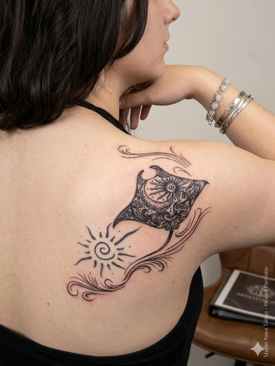 Manta mit feinen Ornamenten – Tattoo-Foto vom Studio