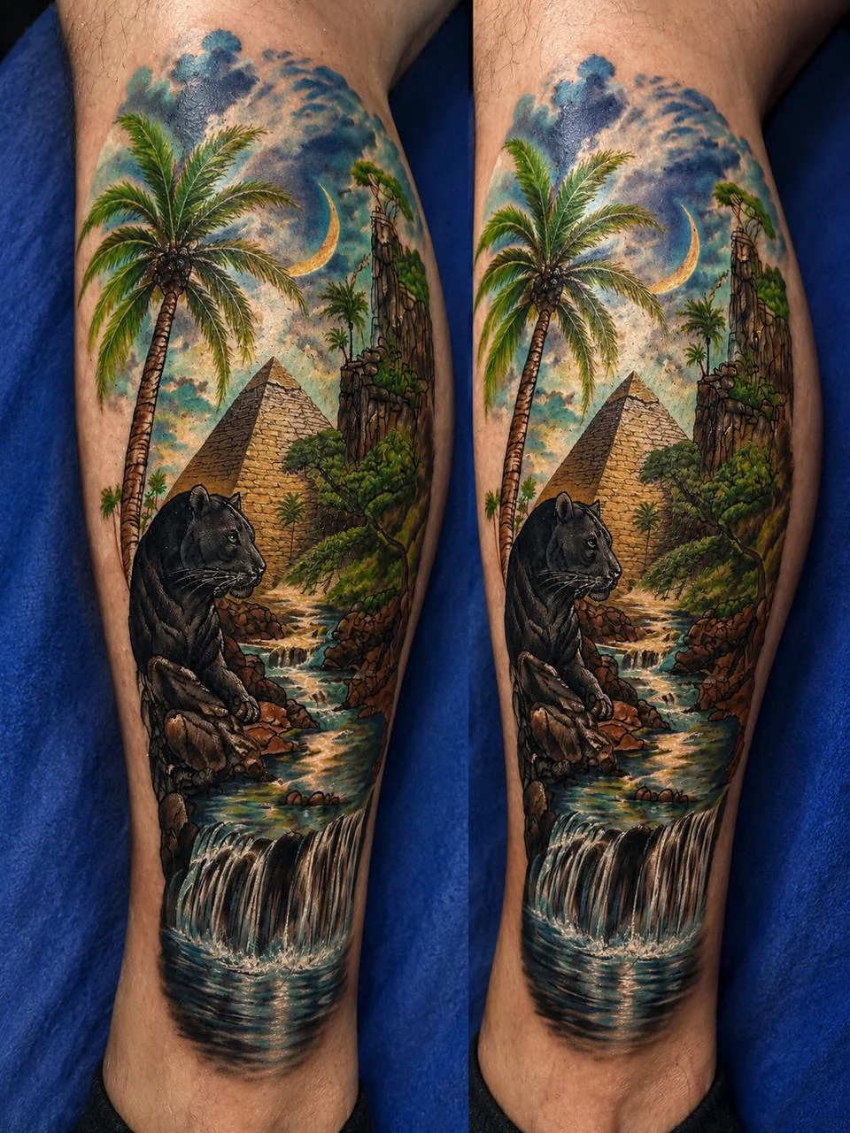 Farbige Landschaft mit Pyramide – Tattoo-Foto vom Studio