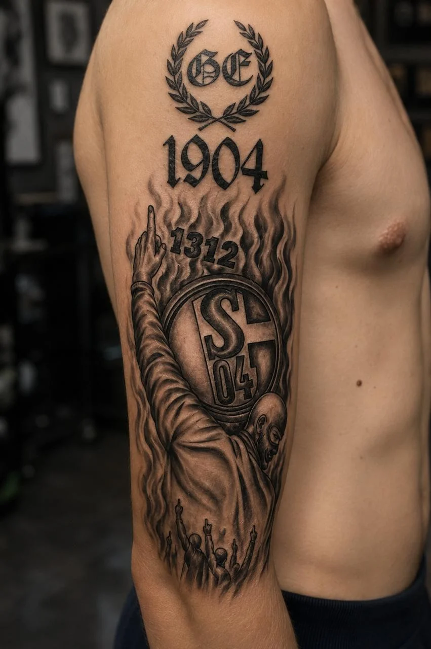 Fußball-Tattoo mit Schrift und Zahlen – Tattoo-Foto vom Studio