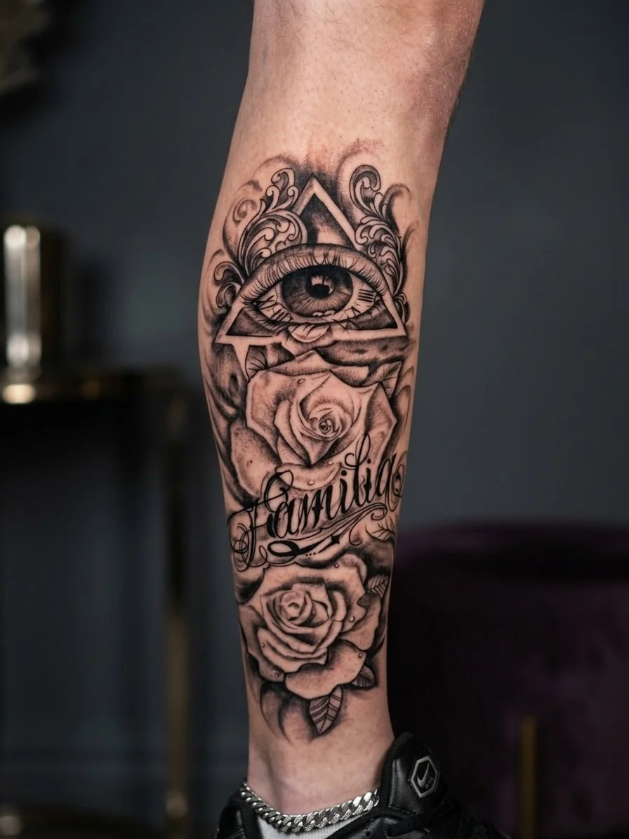 Auge, Rosen und Schriftzug – Tattoo-Foto vom Studio