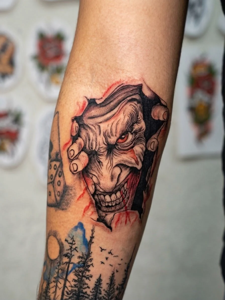 Grinsendes Comic-Porträt – Tattoo-Foto vom Studio