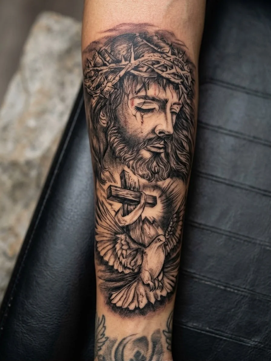 Jesus mit Dornenkrone und Taube – Tattoo-Foto vom Studio